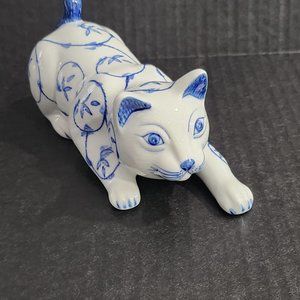 Blue and White Hand Painted Porcelain Cat Made in Thailand
